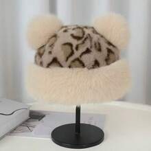 2pcs/Set Leopard Print Vintage Polyester Fleece Scarf & Beanie Hat, Autumn/Winter