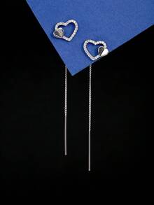 Nooxian 1 对时尚心形闪亮方晶锆石装饰光滑镀铜耳夹耳环女士 - 銀色 - 查看 3