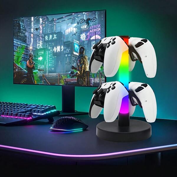 Gaming Headset/Controller Desktop Stand With USB Charging, RGB Light Effects, Microphone Function & Ambient Lights – Ideal For All Gaming Accessories And Perfect As A Thoughtful Present, Desktop Organizer, Gaming Setup, Sleek Design, Modern Gaming Gear, Durable Stand, Highquality Build, Controller Holder, Gamers Gift, Tech Lovers