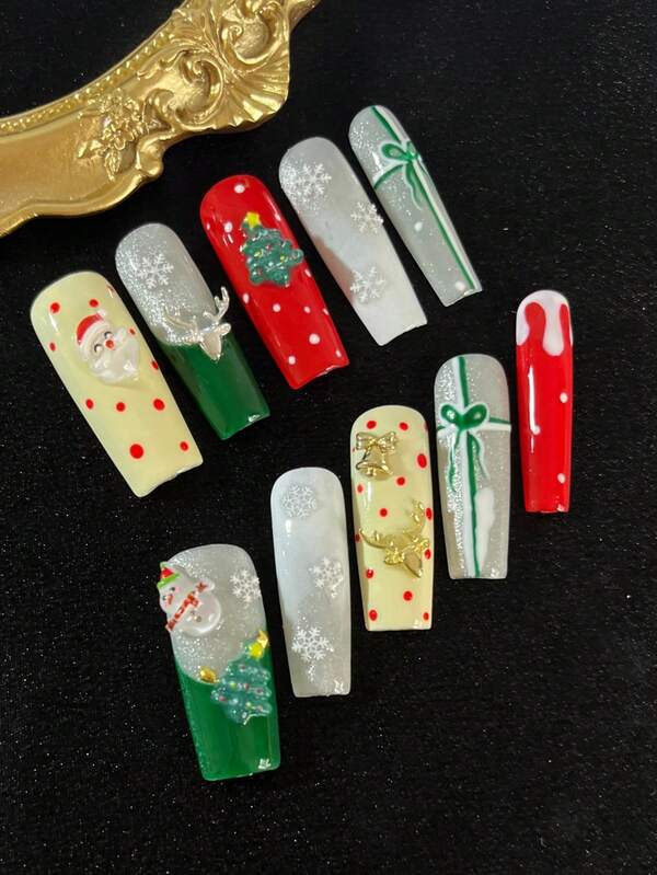 10 piezas de uñas postizas hechas a mano, uñas postizas navideñas, uñas de forma cuadrada, con gemas brillantes y perlas, que incluyen adhesivo de gelatina y una lima de uñas