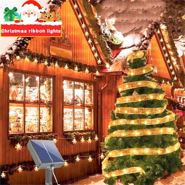 YEYAYU 1 Set, 50/100 Luci a Stringa Solari a LED per Esterni Natalizie, 8 Modalità Lampeggianti, Decorazioni per Albero di Natale con Nastro Raso Dorato o Argento, Adatte per Patio, Ombrellone, Grondaie, Giardino, Alberi, Feste, Matrimoni, Tende, Ognissanti, Decorazioni Natalizie