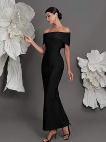 Off-Shoulder Bandage Knit Bodycon Dress, Luxury European Style, Slim Fit Pencil Dress For Family Gatherings, Parties, Banquets - Black - View 3