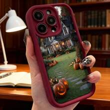 Fashion Mobile Phone Case Halloween Pumpkin Design  Case Black Haunted House Print With Lighted Pumpkins And Festive Path Ideal For Halloween Season And Theme Decoration