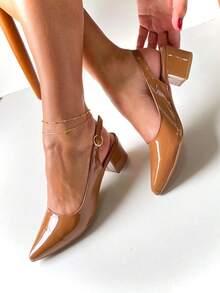 Elegant Block Heel Sandal With Pointed Toe And Closed Back Opening In Caramel Patent Leather - Caramel Varnish - View 1