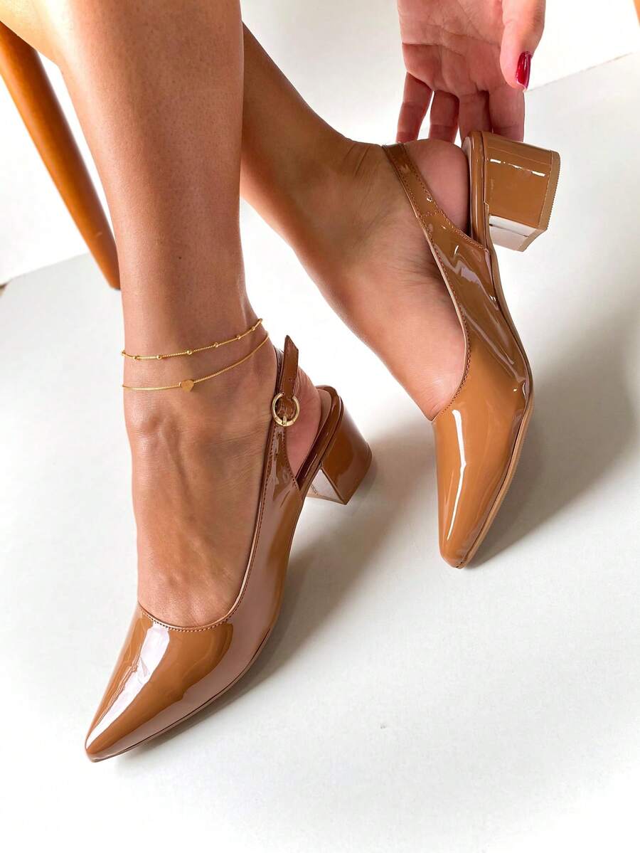 Elegant Block Heel Sandal With Pointed Toe And Closed Back Opening In Caramel Patent Leather - Caramel Varnish - View 1