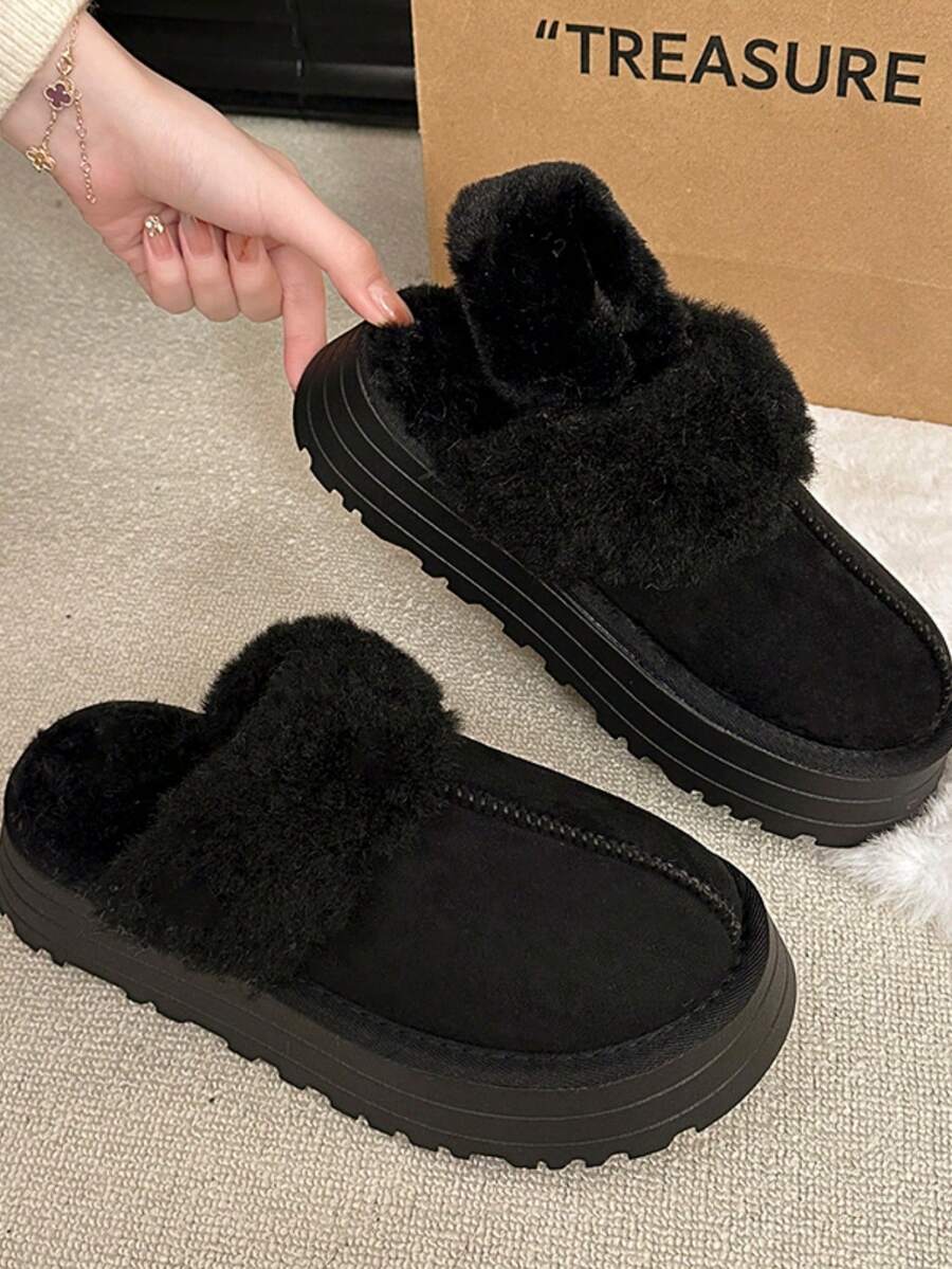 2022秋冬新款保暖蓬松套脚拖鞋，女士闭趾人造毛皮内衬家居鞋 - 黑色 - 查看 1