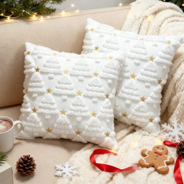 غطاء وسادة مبطن مطرز بشكل شجرة عيد الميلاد ثلاثية الأبعاد 18 * 18 بوصة، غطاء وسادة عطلة نمط نوردي بسيط مطرز بنجمة، لحفلات عيد الميلاد ورأس السنة وديكور غرفة المعيشة والنوم والأريكة في فصل الشتاء