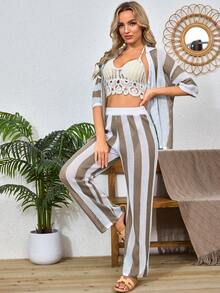 Fooullaide Women's Crochet Sets Two Piece Outfit Knit Hollow Out Color Block Button Down Shirts Matching Long Pants Beach Set - Màu be - Xem 4
