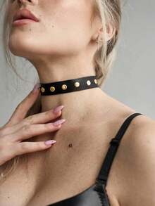 1pc Women's Sexy Punk Choker Necklace, Gothic Rockstar Black PU Leather Tassel Studded Collar Bondage Charm Party Jewelry Accessory - 黑色 - 查看 2