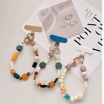 Artistic High-End Geometric Asymmetrical Wooden Bead Phone Lanyard, Bracelet, Keychain, Earphone Holder, Vintage Wrist Strap, Bag Charm