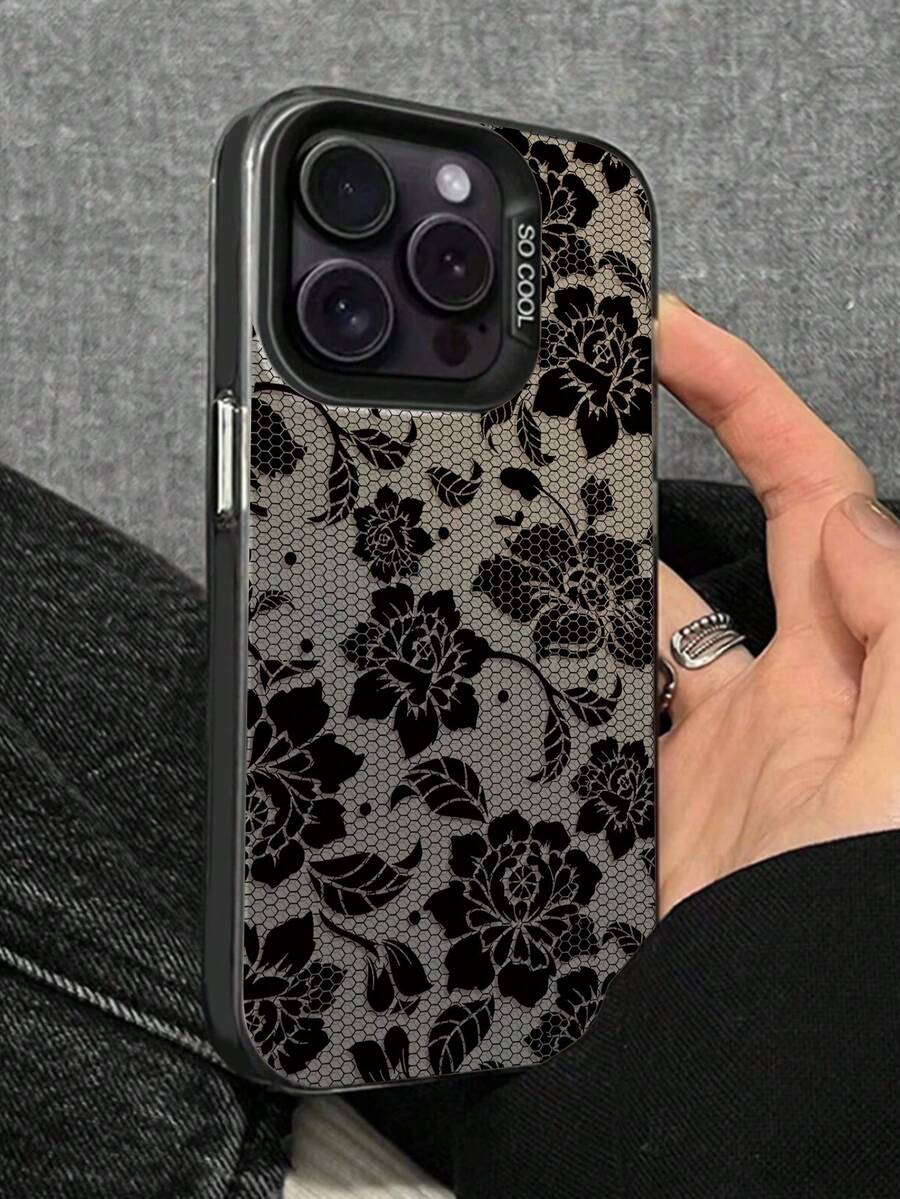 1 pezzo Custodia per telefono con motivo grafico estetico in pizzo floreale nero e argento, compatibile con 16/16Pro/16Plus/16ProMax, 11/11Pro/11ProMax, 12/12Pro/12ProMax, 13/13Pro/13ProMax, 14/14Plus/14Pro/14ProMax, 15/15Pro/15Plus/15ProMax