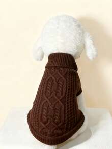 Suéter para animais de estimação, cor café, em tricô trançado, ideal para cães e gatos de pequeno e médio porte. Design minimalista, perfeito para o outono e inverno. Ideal para poodles, teddy bear e para o Ano Novo. - Castanho Café - Ver 8