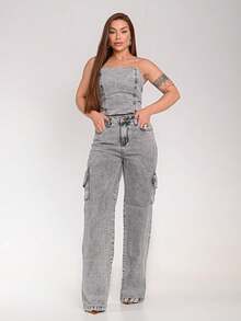 Women's Wide Leg Cargo Cropped Strapless Jeans Set | Premium Cotton - 大理石紋 - 查看 1