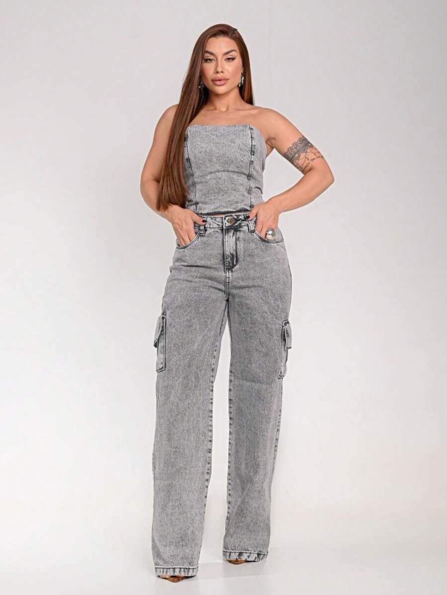 Women's Wide Leg Cargo Cropped Strapless Jeans Set | Premium Cotton - 大理石紋 - 查看 1