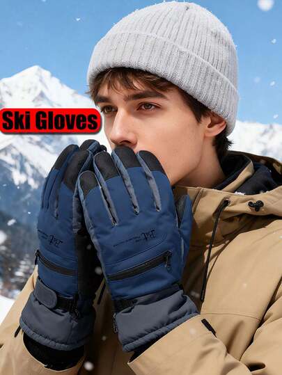 1 Pair Winter Skiing Gloves For Men, Outdoor Cycling With Thick Velvet Insulation Gloves, Anti Slip, Splash Proof, Windproof, Sports Insulation Gloves For Men, Winter Outdoor Silk Sliding Touch Screen Skiing Gloves, Outdoor Mountaineering Anti Slip Gloves, Threaded Wrist Opening Without Exposed Fingers, Touch Screen Gloves, Zipper Card Bag Design For Easy Carrying Of Items, Skiing Gloves