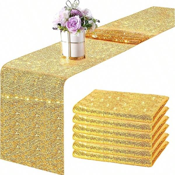 12pcs Sequin Tablecloth, Glitter Sequin Rectangular Tablecloth Suitable For Christmas, New Year, Birthday, Wedding, Holiday Party Decoration (Gold)