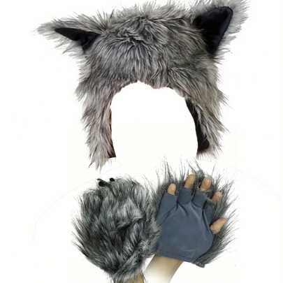 2pcs Halloween Costumes 2025 New Faux Fur Fashionable Transformable Wolf Gloves And Wolf Hat, Stage Props Set