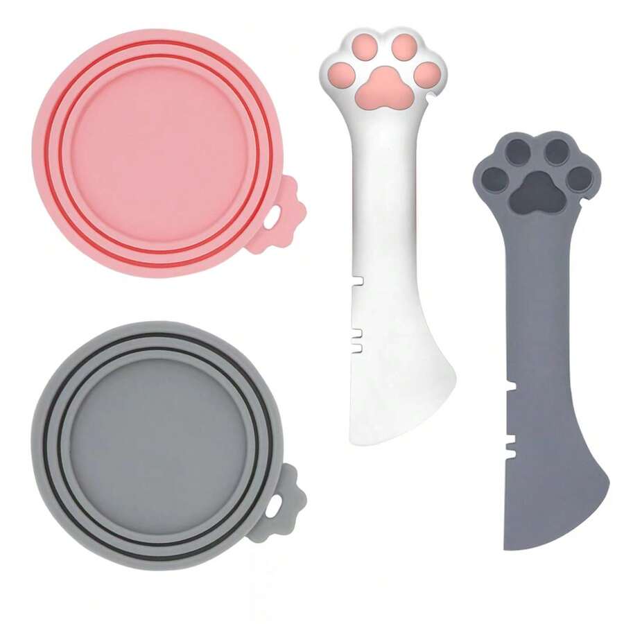 2pcs Pet Food Can Lids And 1 Can Spoon | Cute Paw Shaped Can Opener Cat Wet Food Spoon | Universal Silicone Sleeve For Cat And Dog Cans - Multicolor - View 1