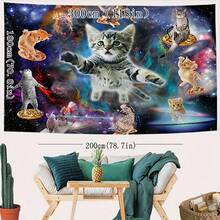 [1pc Cosmic Cats Tapestry] Cosmic Space Cats Tapestry, 1pc | Indoor Party Decor, 85gsm Polyester Peach Skin Velvet | Vibrant Galaxy & Planet Design For Living Room Or Bedroom Wall Hanging - 彩色 - 查看 3