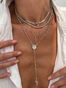 Set de 4 collares con baño de oro de 14k, multicapa, con cuentas y cruces y Virgen María, adecuado para vacaciones, oración,