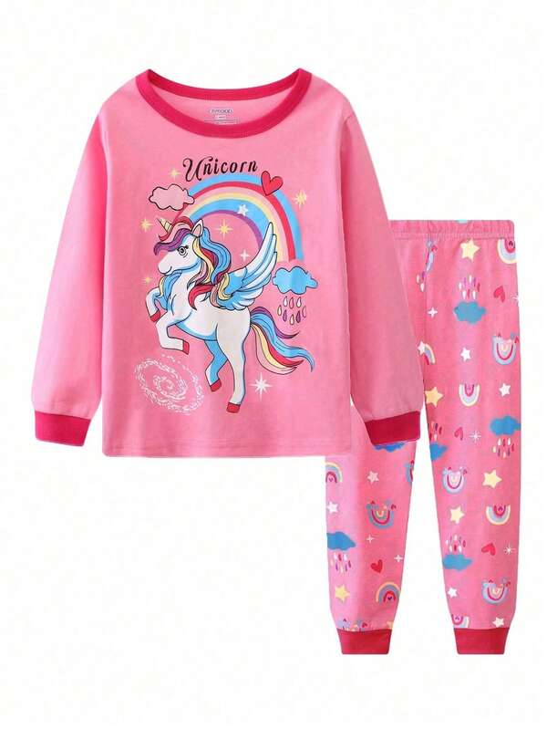 Young Girl 2pcs Unicorn Printed Round Neck Long Sleeve Top And Pants Homewear Set, Spring And Autumn