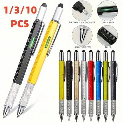 6-In-1 Multifunctional Pen Set With 5 Refill Ink Cartridges - Stylus Pen, Ruler, Level, Bottle Opener, Screwdriver, Ballpoint Pen, Building Blocks, Great Gift For New Year/Christmas/Valentine's Day