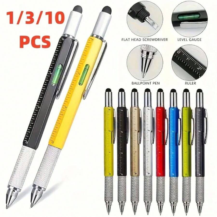 6-In-1 Multifunctional Pen Set With 5 Refill Ink Cartridges - Stylus Pen, Ruler, Level, Bottle Opener, Screwdriver, Ballpoint Pen, Building Blocks, Great Gift For New Year/Christmas/Valentine's Day - Multicolor - View 1