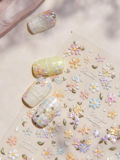 قطعة واحدة من ملصقات الأظافر والرسومات المزخرفة بنقوش زهرية ملونة للنساء، بأشكال اللوز والحرف T والقطرة الدمعية، ملصقات أظافر أنيقة وأنيقة للنساء، ديكورات أظافر للضغط DIY مناسبة للاستخدام في حفلات الأعياد والخروجات الخارجية والعروض