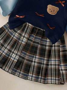 3 件套女婴休闲可爱活泼套装：简约衬衫 + 小熊贴片和蝴蝶结背心 + 百褶裙 - 藏蓝色 - 查看 5