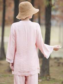 LUCIDVUE 2pcs Women's White Improved Hanfu Set, Chinese Style Asymmetric Design Tang Suit, Retro Button Flare Sleeve Linen Top And Casual Lantern Pants, Suitable For Spring/Summer Zen Tea Ceremony, Yoga, Tai Chi Pink - Pink - View 8