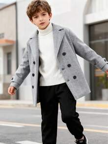 Tween BoyCasual Windbreaker Jacket With Turn-Down Collar, Double-Breasted Pockets, Long Sleeves And Pants Set, Autumn/Winter