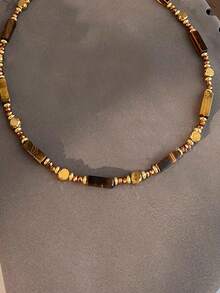 1件/套 复古优雅多层虎眼石吊坠项链，女士双层锁骨链首饰套装，日常佩戴和派对时尚配饰，闺蜜礼物（天然石色及圆形/方形珠子数量和形状随机） - 彩色 - 查看 5