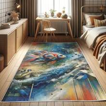 Retro Mid Century Abstract Pattern Rug On Ivory Background, Dark Orange And Reseda Green, 4' X 5' 5", Ideal For Bedroom, Dorm And Living Room - Biru Laut Multiwarna - View 2