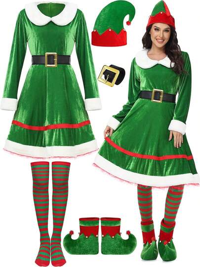 5 Pcs Women Christmas Elf Costume Set Costume Dress Xmas Festive Outfit With Elf Hat Shoes Belt Striped Socks