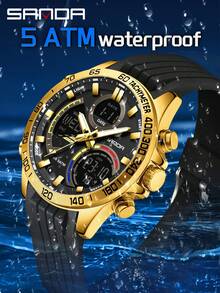 Reloj de moda para hombres Sanda 6269 electrónico, resistente al agua, con alarma y multifunción, con correa de acero - Dorado - Ver 5