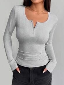 Women's Spring  Fall Long Sleeve Henley T Shirts Button Ribbed Knit Slim Fit Basic Tops Blouse Casual Outfits Valentine's Day Vacation Outfit Women - Màu Xám nhạt - Xem 4