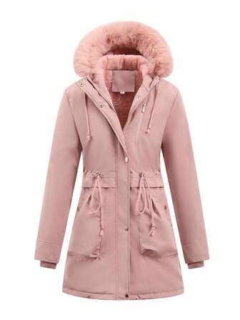 Chaqueta forrada térmica para mujer talla grande,unicoloro de longitud media con capucha y cremallera, con cintura ajustada, adecuada para exteriores, campamento, senderismo