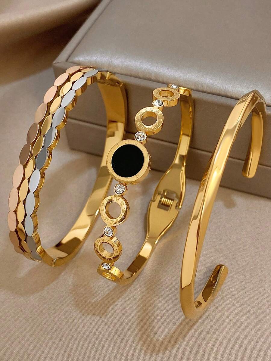 18K 镀金不锈钢奢华优雅双色圆盘和罗马数字锆石手镯套装,适合女士,复古简约珠宝妈妈礼物圣诞节感恩节万圣节婚礼狂欢/舞会/派对/日常配饰周年纪念情人节波西米亚珠宝生日伴娘礼物 - 彩色 - 查看 1