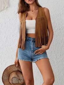 女士Y2K风格流苏上衣 - 流苏细节，V领，无袖，棕色，休闲时尚，适合所有季节，多功能时尚 | 流苏装饰 | 流苏背心