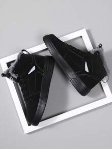 Zapatillas deportivas casuales de invierno para mujer de talla grande, con cordones, suela blanda y cómoda, zapatos deportivos ligeros con felpa para mantener el calor, zapatillas diarias - Negro - Ver 5