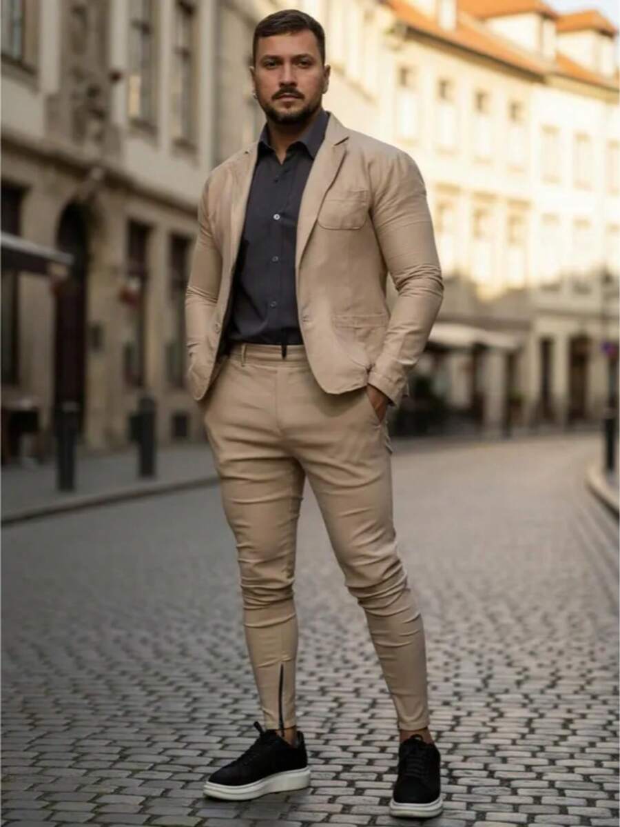 Men's Set Blazer Pants Slim Suit Formal Fashion - Beige - View 1