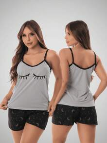 Women's Silk Print Short Doll Pajamas With Comfortable Straps - Grey - View 7