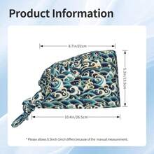 - Gorra de trabajo con banda para el sudor para mujeres y hombres, sombreros de trabajo de limpieza ajustables, gorras quirrgicas de enfermera lazo en la espalda - Onda japonesa azul mar blanco - Ver 6