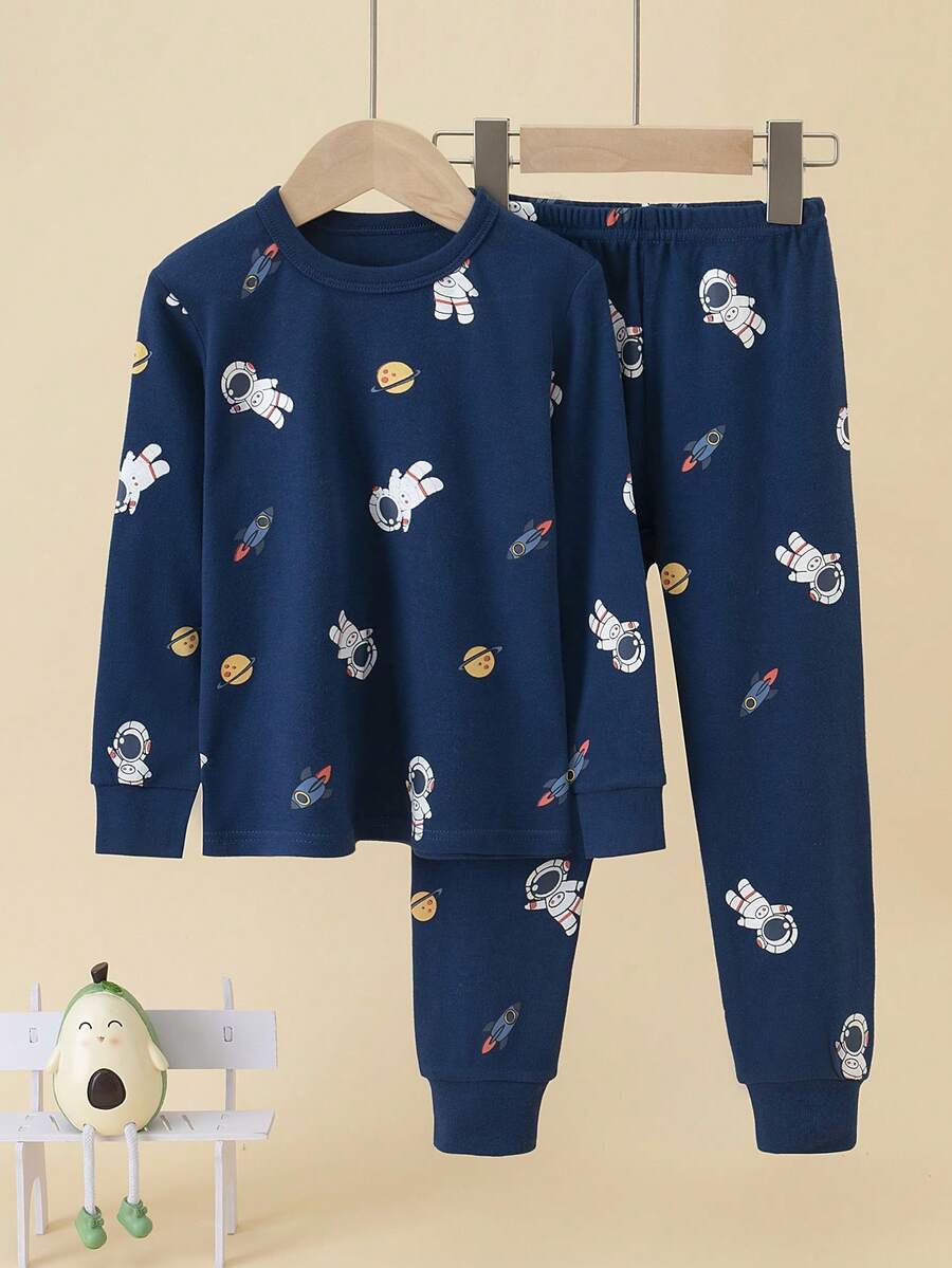 男童宇航员太空卡通印花长袖睡衣套装 - 藏蓝色 - 查看 1