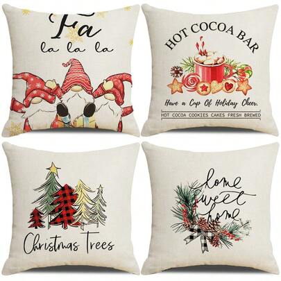4PCS Red And Green Pinecone Plaid Christmas Tree Pillowcases (16"*16", 18"*18", 20"*20") Christmas Outdoor Throw Pillow Covers Santa Claus Pillowcases