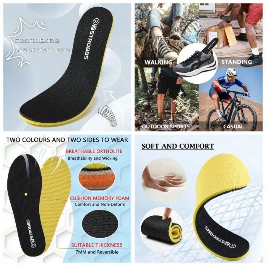 Reversible Foam Insoles Women Men Comfort Lightweight Cushion Shoe Inserts Shock Absorbing Flat Inner Soles Sneakers Running Shoes, Black, US12 - 男士:美國 11 號 + 黑色 - 查看 1
