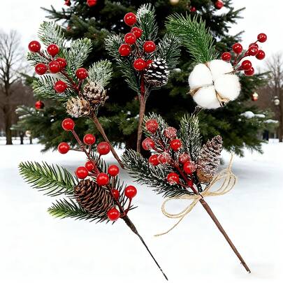 5pcs Artificial Christmas Picks With Berries & Pinecones, Artificial Mixed Red Berry Picks, Stems & Branches For Christmas Floral Wreath, Winter Holiday Craft Decor With Snowy Frosted Pine Branches And Rustic Jute Twine