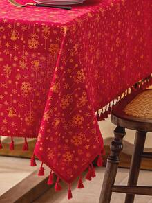 MineLain 1pc Red & Gold Jingle Bell Rectangular Tablecloth, Christmas Red Dining Table Cover, Red Lace Decor, Washable, Suitable For Coffee Table, Nightstand, Cabinet, Dining Table, Farmhouse Home Decor, Ideal For Kitchen, Dining Room, Gathering, Party, New Year Decoration, Christmas Gift And Supplies, Christmas Decor, Autumn Decor, Merry Christmas - Red - View 16