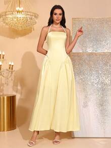 新款女式性感吊带挂脖式手工钉珠时尚皱褶A字裙伴娘服宴会生日派对礼服 - 淡黃色 - 查看 3