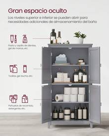 VASAGLE Mueble de Baño, Armario de Baño, Armario de Cocina, con 4 Puertas, Estantes Ajustables, 30 x 60 x 110 cm, Gris Mística - Gris - Ver 3